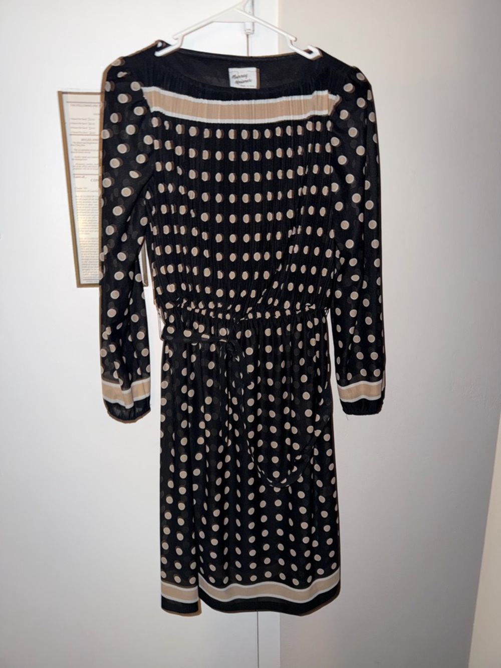 Vintage Polka Dot Black and Cream Long Sleeve Waist-Tie Dress